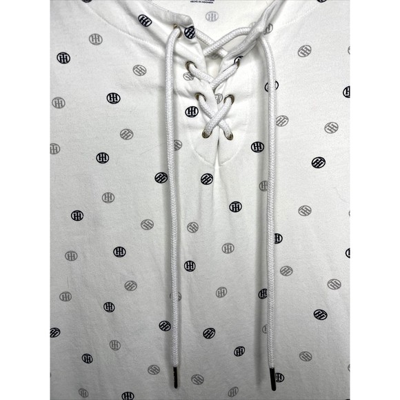 Tommy Hilfiger Mini Dress Lace Up White Logo Stretch Short Sleeve Petite Size XL - Picture 2 of 11